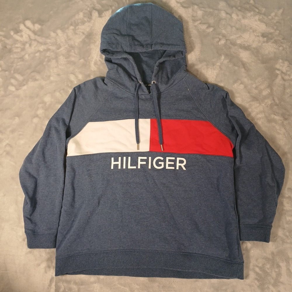 Tommy Hilfiger Sport Hoodie Womens Large Blue Pullover Sweatshirt Casual